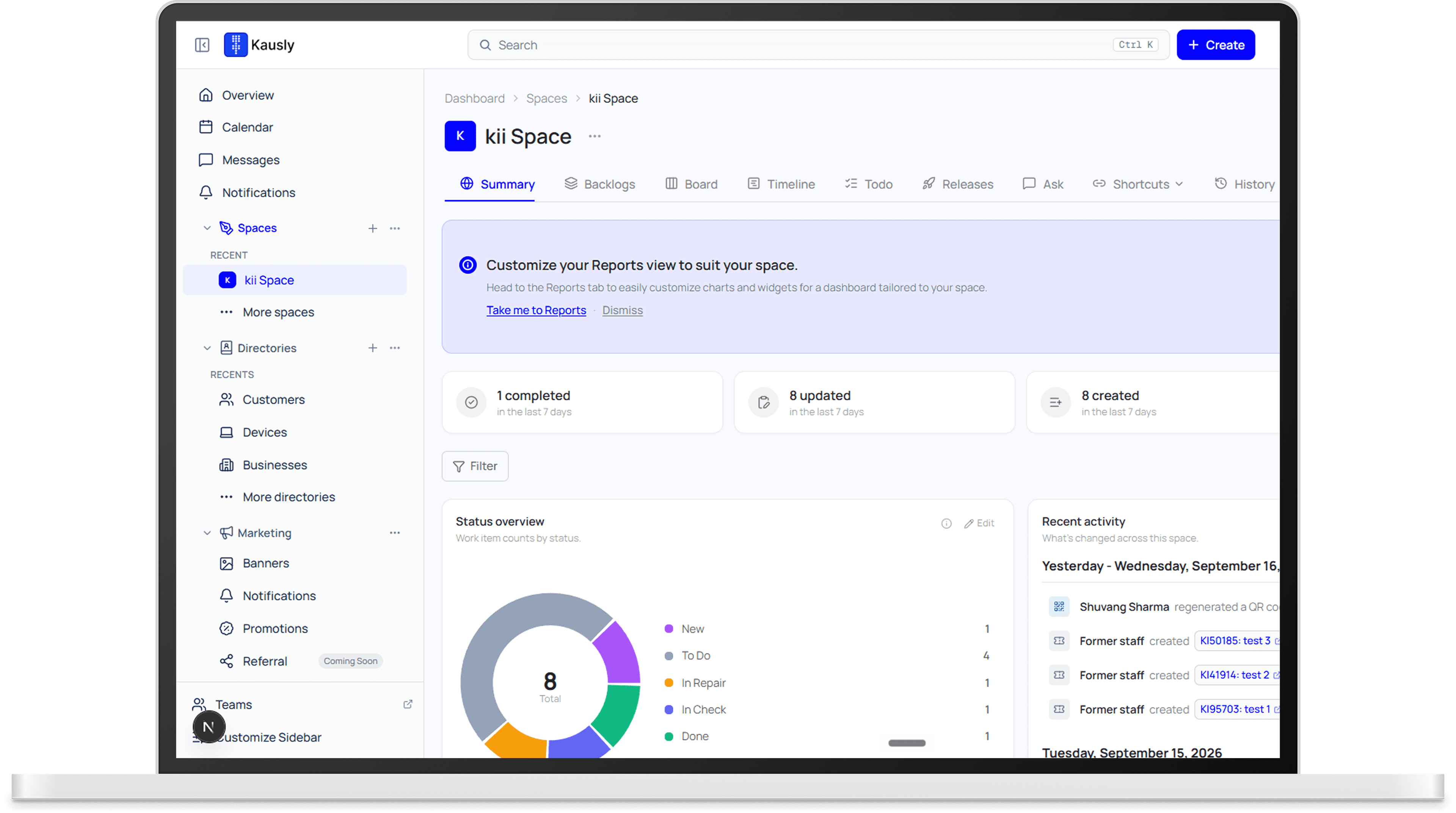 Kausly admin dashboard showing a space's ticket status overview and recent activity